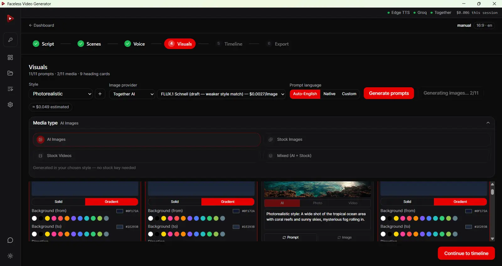 Bildschirm für KI-Bildgenerierung und Prompt-Überprüfung im Text-zu-Video-Generator