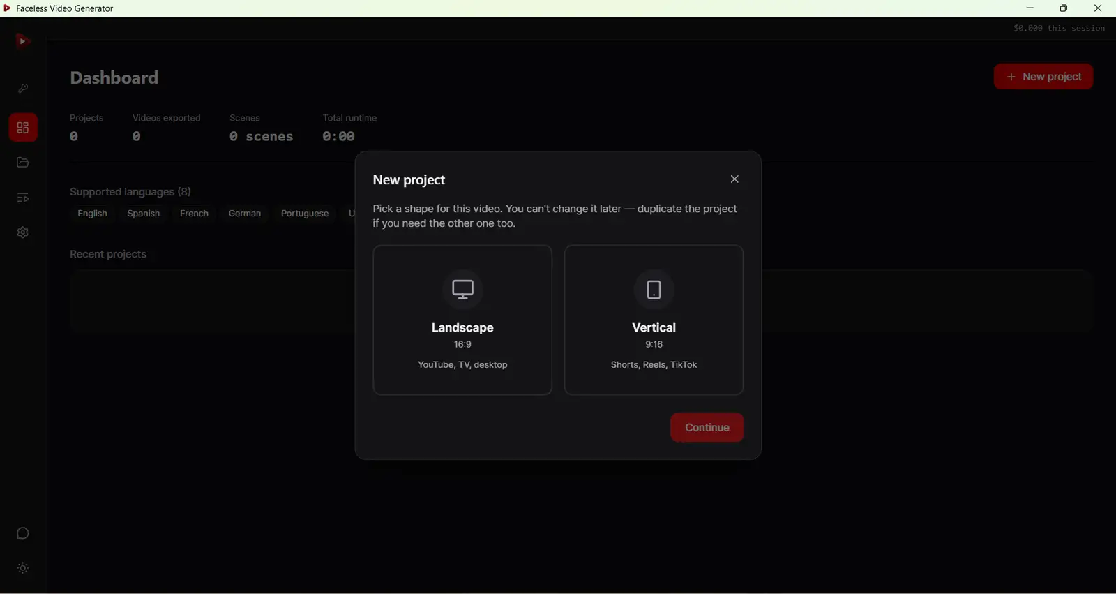 Projekterstellungsbildschirm des Text-zu-Video-Generators mit Optionen für Quer- und Hochformat