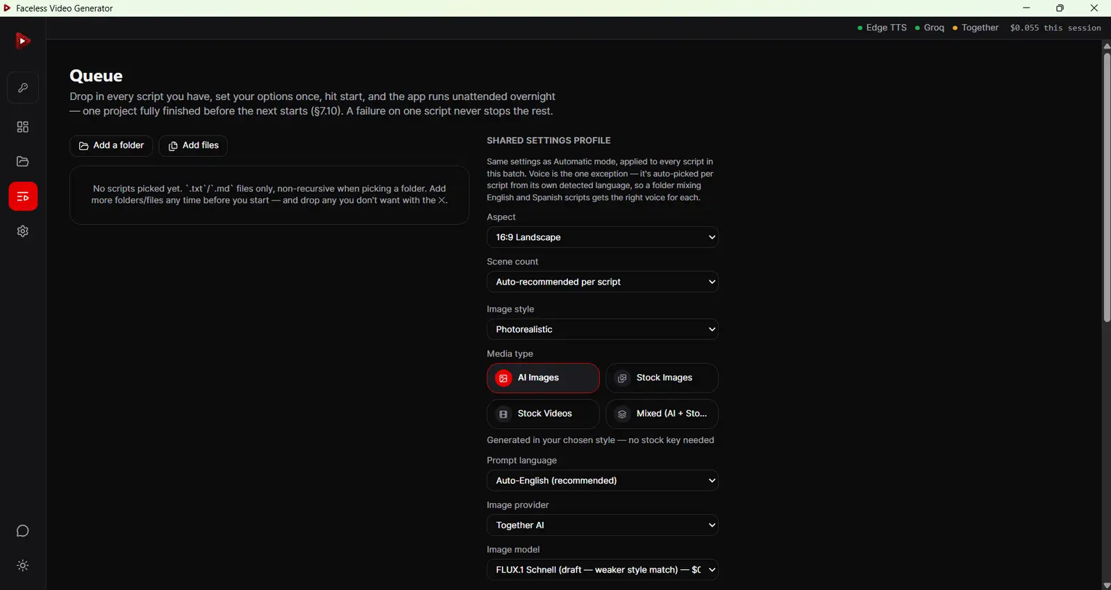 Bulk-Generierungswarteschlange im Text-zu-Video-Generator beim Verarbeiten eines ganzen Ordners voller Skripte