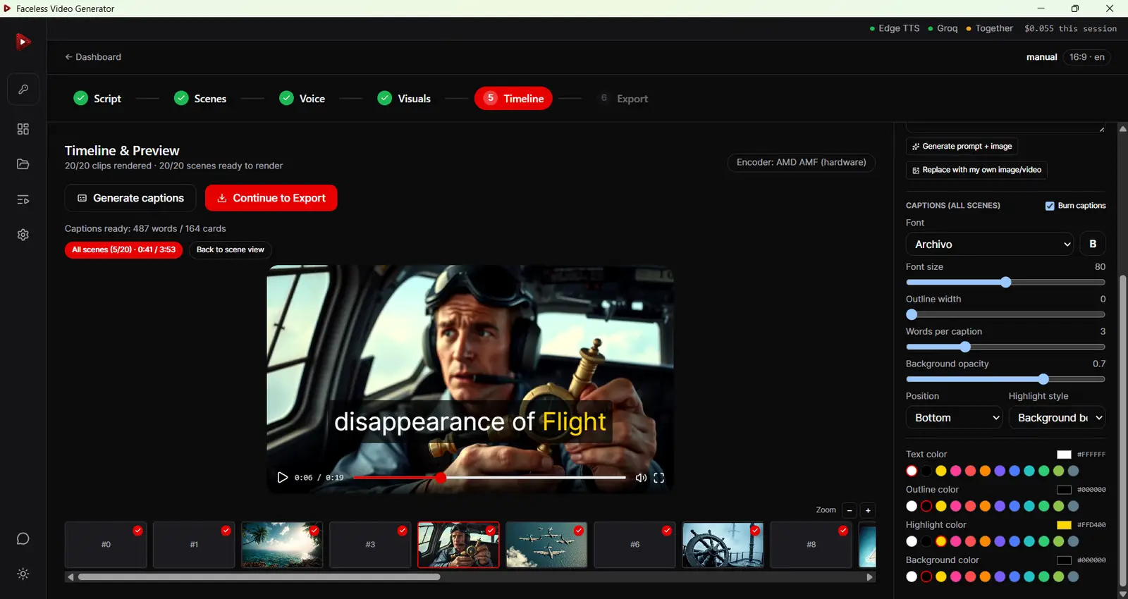 Oberfläche des Text-zu-Video-Generators mit Timeline-Editor, KI-generierten Szenen und eingebrannten Untertiteln