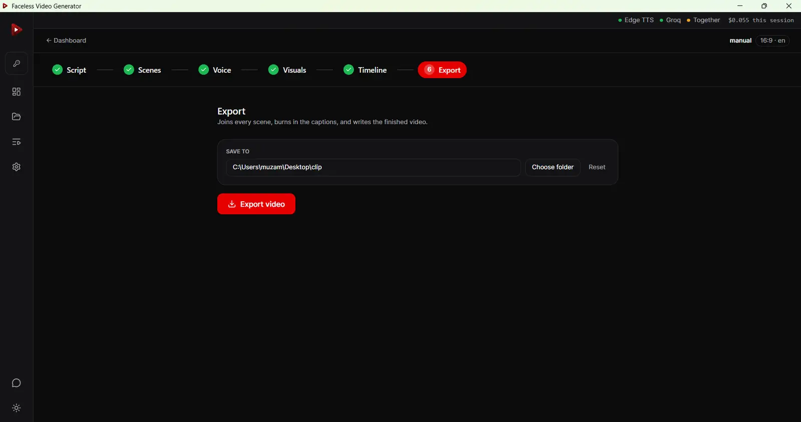 Exportbildschirm des Text-zu-Video-Generators beim Speichern eines fertigen, untertitelten Videos