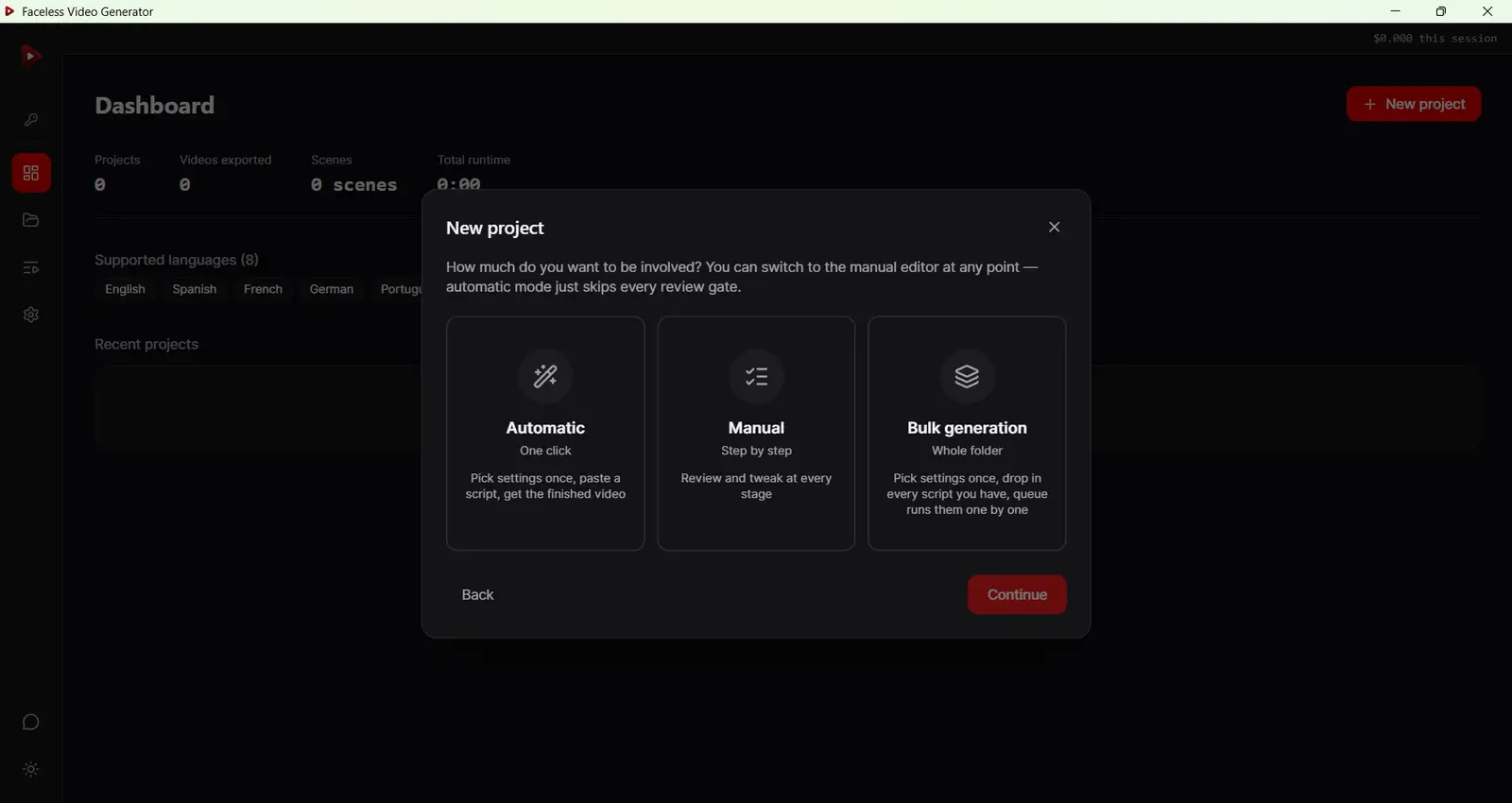Projekteinrichtung des Text-zu-Video-Generators mit Automatik-, Manuell- und Bulk-Modus