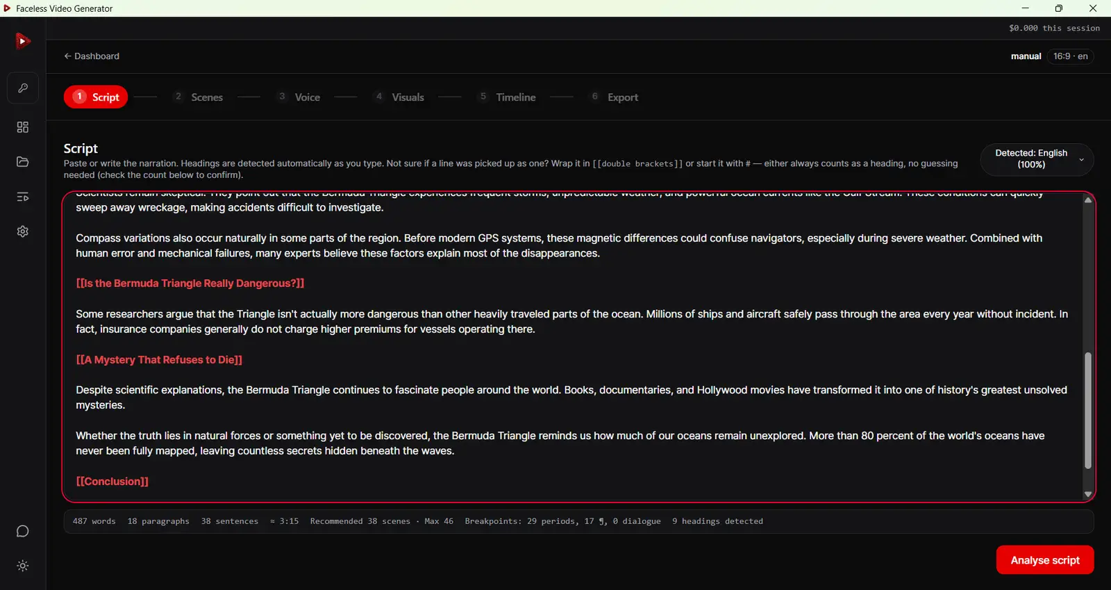 Skript-Editor des Text-zu-Video-Generators mit Wortanzahl, erkannter Sprache und Szenenempfehlungen