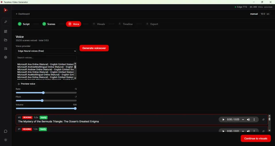 AI voiceover panel in the text to video generator with voice, rate, pitch, and volume controls