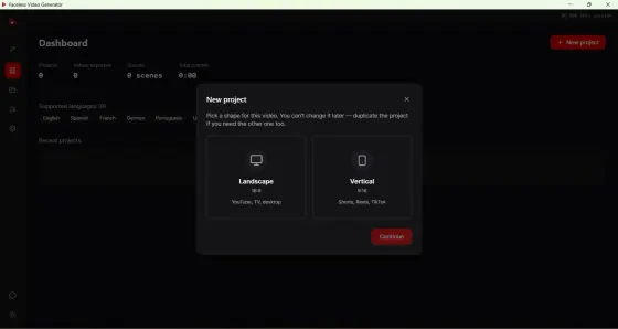 Text to video generator project creation screen with Landscape and Vertical aspect ratio options