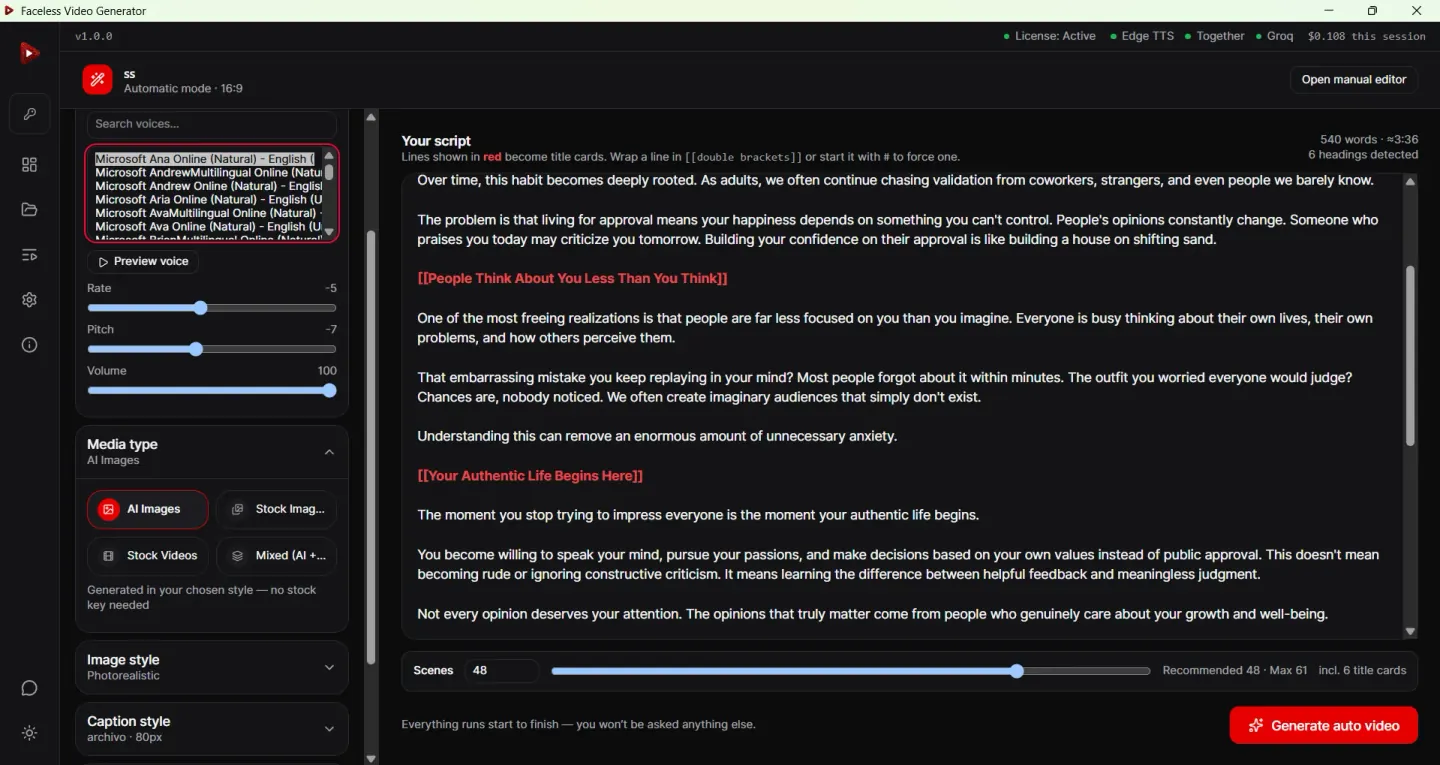Automatic mode screen in the text to video generator showing script editor, voice controls, and one-click generate button