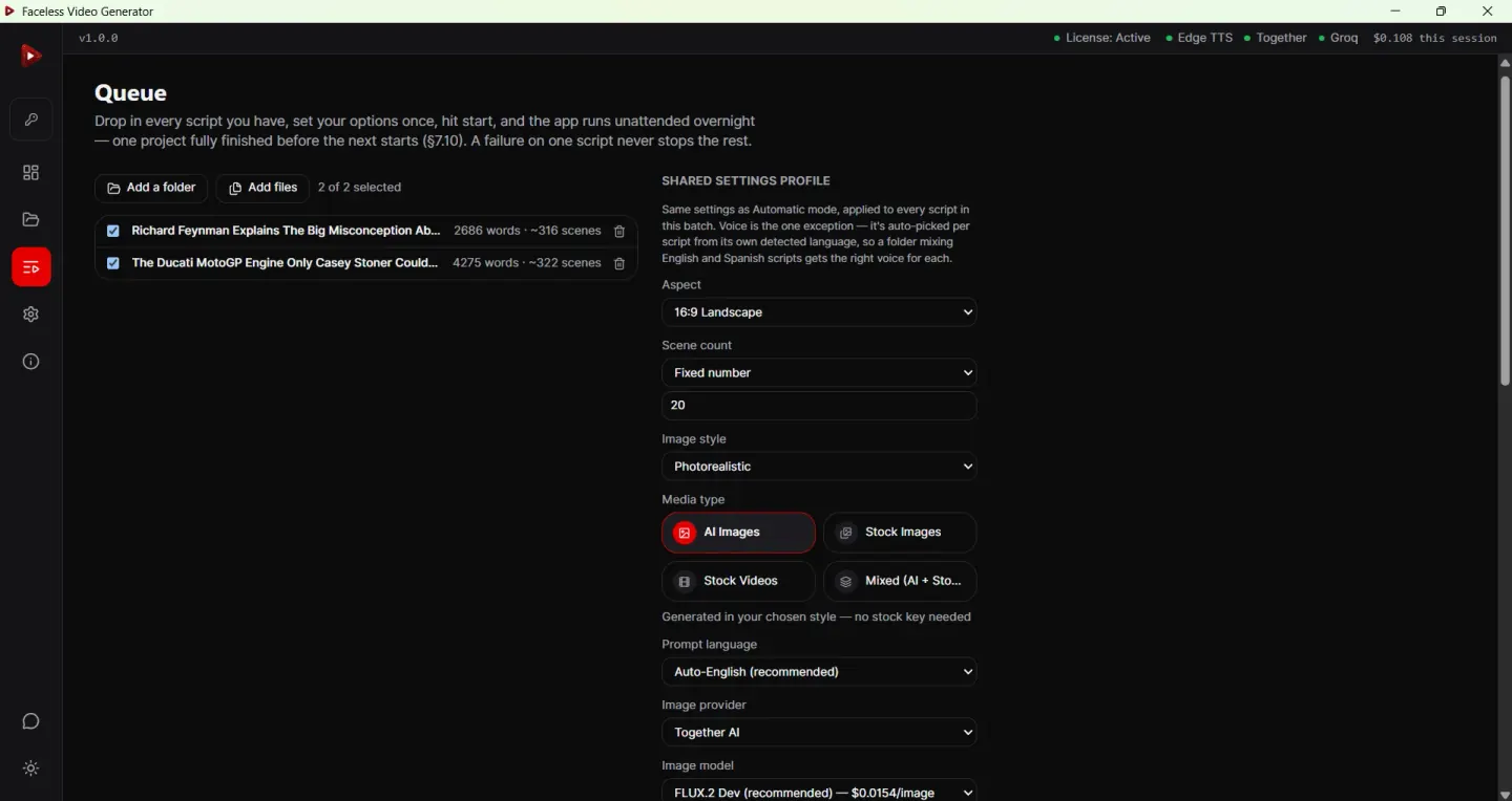 Bulk generation queue in the text to video generator showing multiple scripts with a shared settings profile