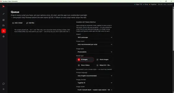 Bulk generation queue in the text to video generator processing an entire folder of scripts