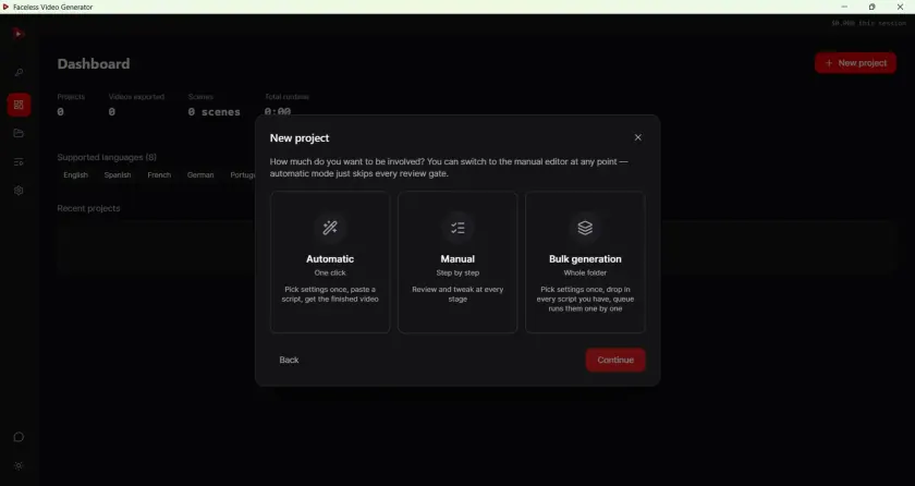 Text to video generator project setup showing Automatic, Manual, and Bulk generation modes