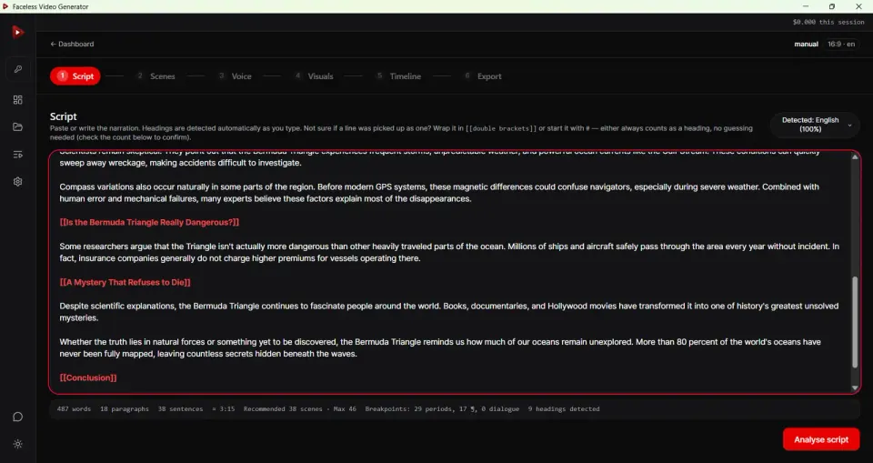 Text to video generator script editor showing word count, detected language, and scene recommendations